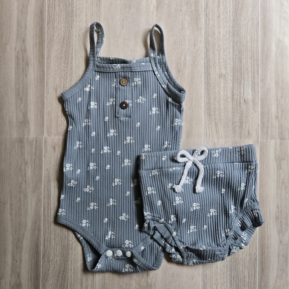 None Other - Toddler Baby Girl Floral Set Dusty Blue Sleeveless Onesie Bloomer Summer Outfit